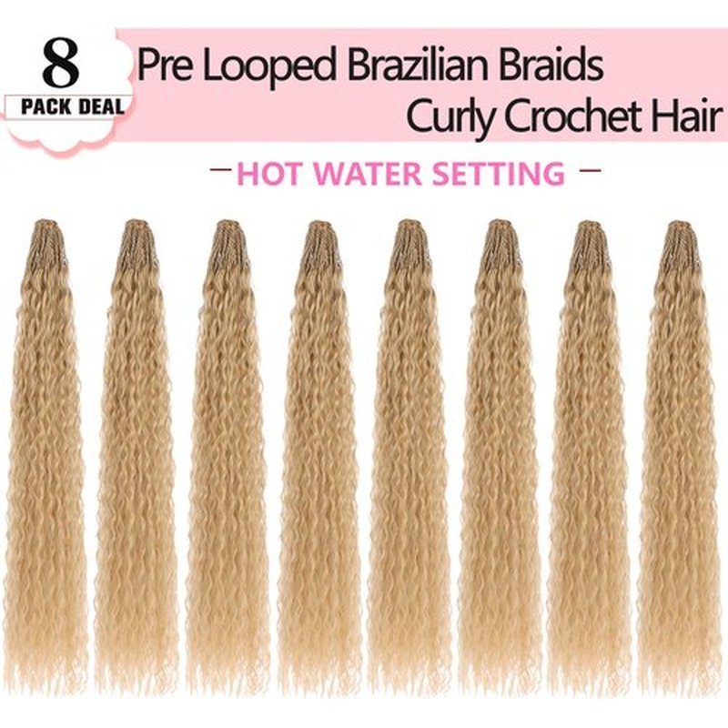 Xtrend 24 Inch Pre Looped Micro Curly Crochet Hair 8 Packs Honey Blond Brazilian Kinky Curly Braiding Hair Extensions Synthetic Deep Wave For Mini Senegalese Twist Hair for Women (30 Strands/Pack，27#)