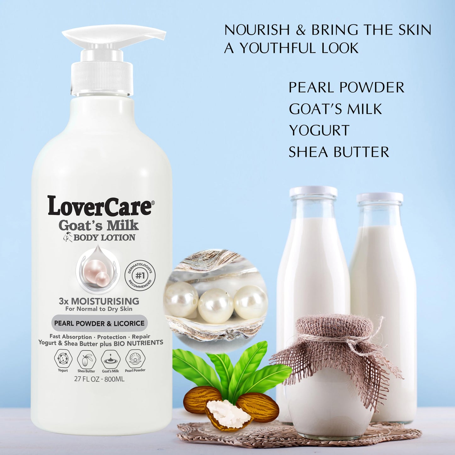 Lover's Care Goat Milk Body Lotion for Dry Skin Pearl 27.05oz (800ml) - Combo Body Lotion & Body Wash…