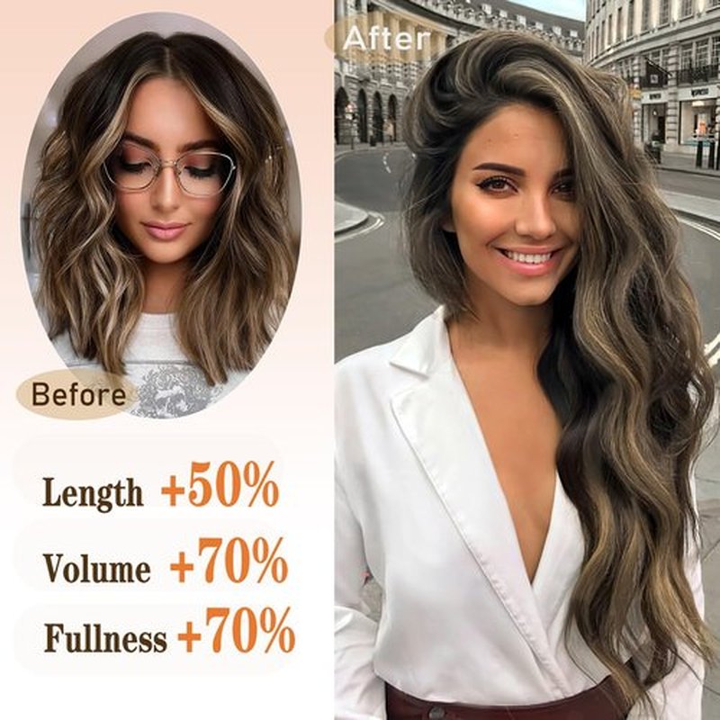 QGZ Clip in Hair Extensions for Women 4 PCS Set of Thick, Synthetic Long Wavy Hairpieces 20 Inch Dark Brown Mixed Blonde