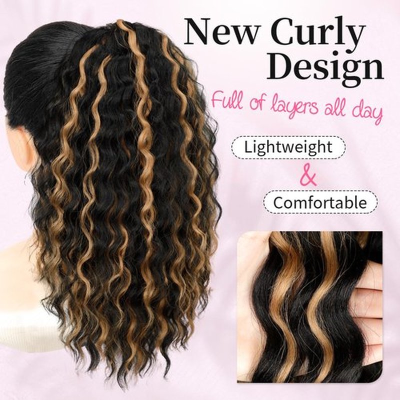 KooKaStyle Curly Ponytail Extension Fluffy Drawstring Ponytail Hair Extensions for Women Long Kinky Curly Wavy Pony Tail Extension Synthetic Hairpiece for Daily Use(18Inch Black Mixed Ginger)
