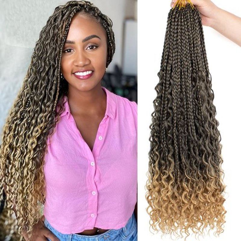 Unionbeauty 24 Inch 8 Packs Boho Box Braids Crochet Hair with Curly Ends Goddess Box Braids Hair Butterfly Bohemian Hippie Braids Pre-looped Ombre Synthetic Braiding Hair Extension for Woman T27#