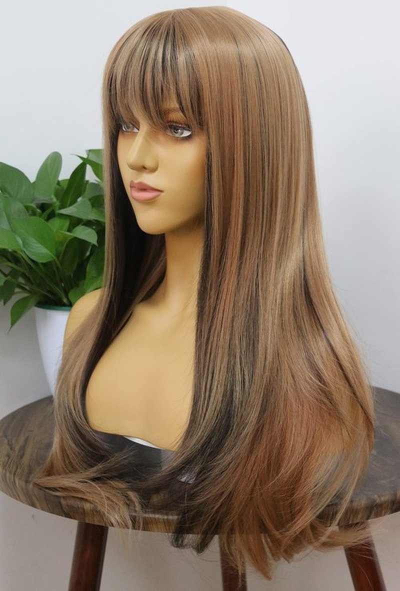 MSMYRNS Long Wavy Bang Wig Heat Resistant Synthetic Wig Light Auburn Blonde With Dark Brown Mixed Glueless None Lace Wig Fashion Fringe Unit Full Machine Made Scalp Wig
