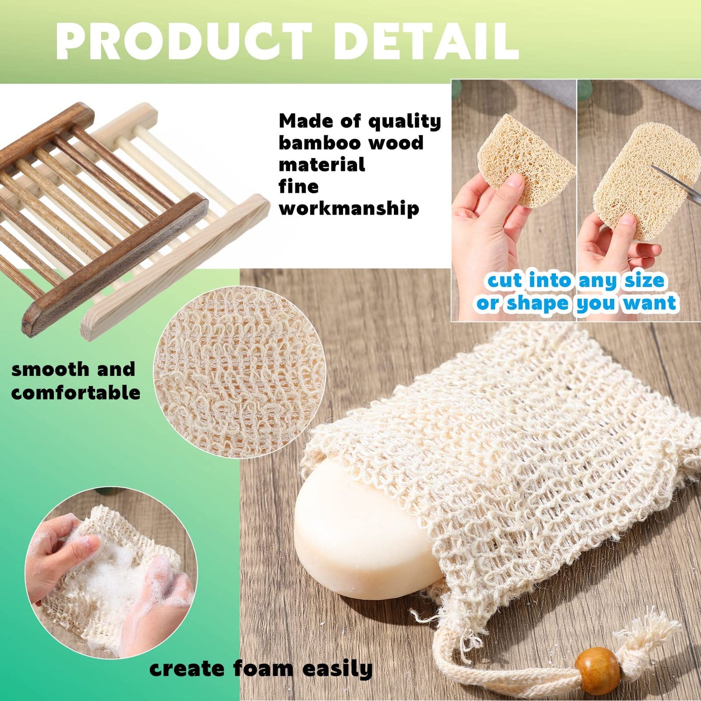 60 Pcs Soap Saver Set Including Wooden Dish, Exfoliating Bag, Saver Pads Bulk with Self Drain, Bar Soap Holder Mesh Bag for Shower Bath Home Toilet Kitchen Hotel Restaurant