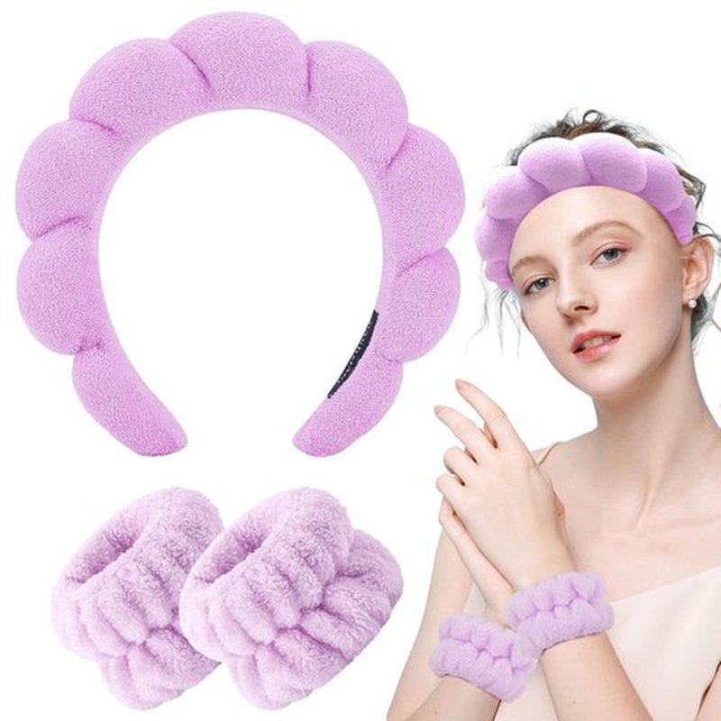 Zkptops Spa Headbands for Washing Face Wristband Set Sponge Makeup Skin Care Purple Headband Towel Bubble Soft Hairband for Women Girls Cute Puffy Headwear Winter Non Slip Thick Thin Hair Accessory