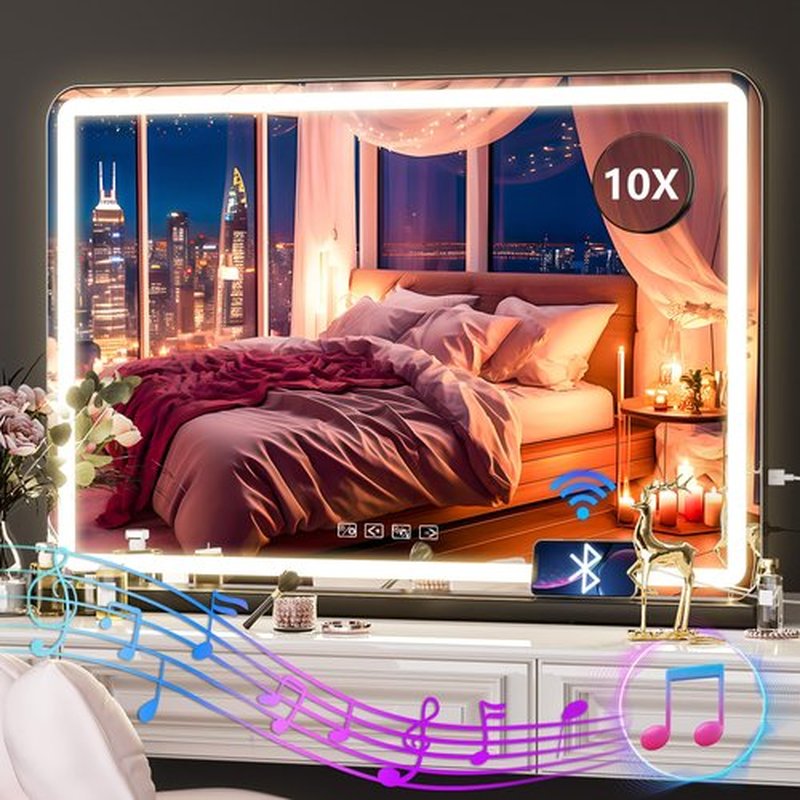 Hasipu Vanity Mirror with Lights and Bluetooth Speaker, 32" x 22" LED Makeup Mirror, Lighted Makeup Mirror with Dimmable 3 Modes, USB Charging Port, Round Black
