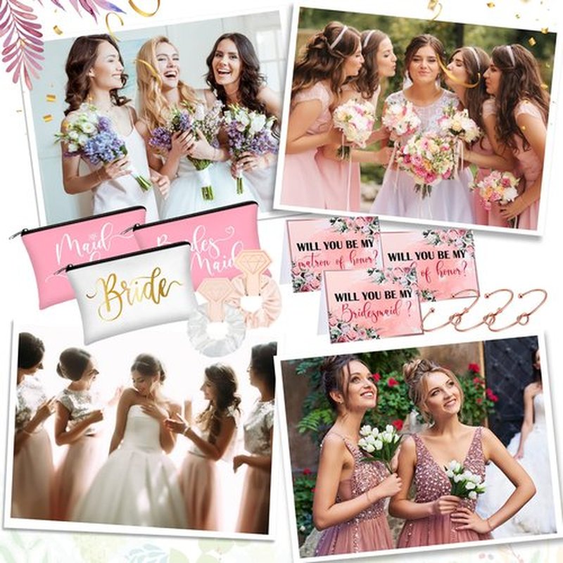 63 Pcs Bridesmaid Proposal Gifts Bulk Maid of Honor Gifts Matron of Honor Gifts Brides Bridesmaid Cosmetic Makeup Bag Hair Knotted Bracelets Invitation Cards for Wedding Bachelorette (Vivid Style)
