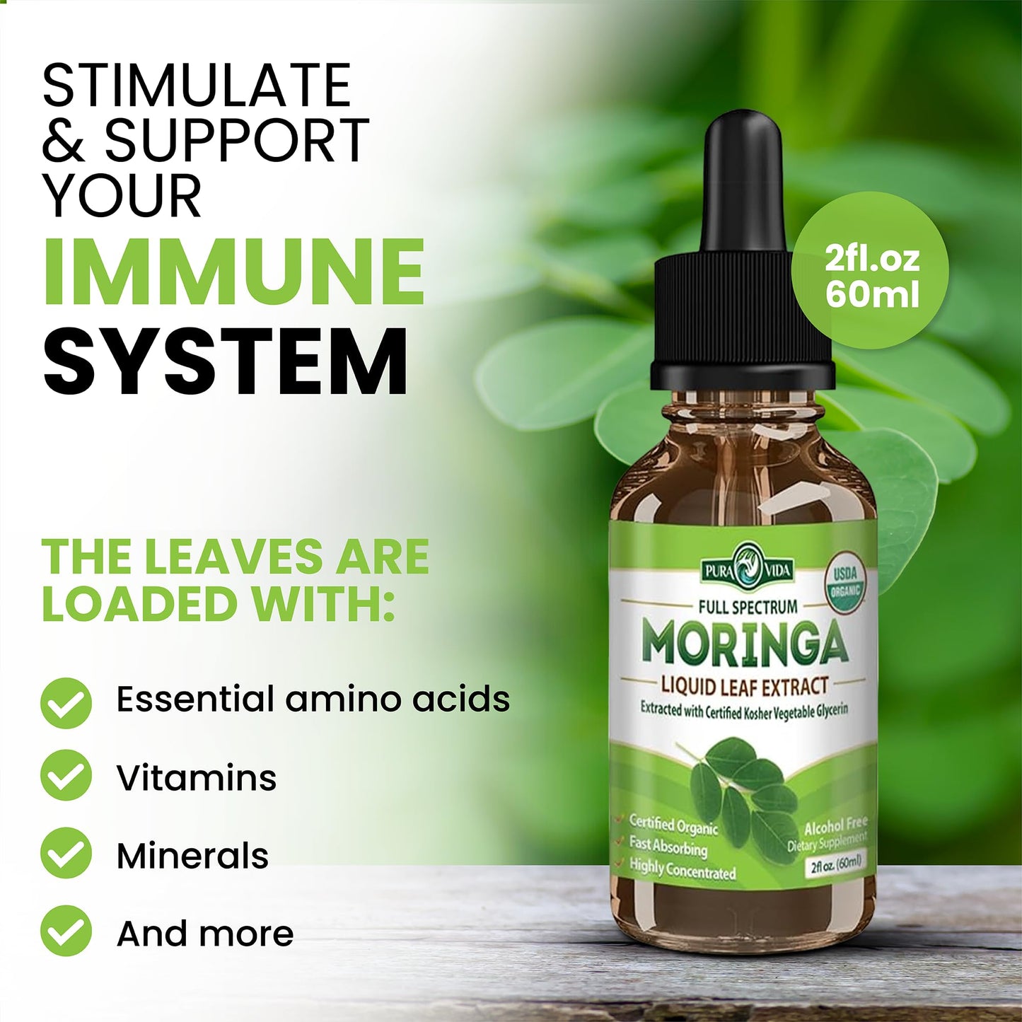 PURA VIDA MORINGA Leaf Extract Liquid Drops - USDA Organic Certified - Highly Purified, Bioavailable & Faster Absorption than Moringa Powder or Capsules - Single Origin Moringa Oleifera Leaves Extract