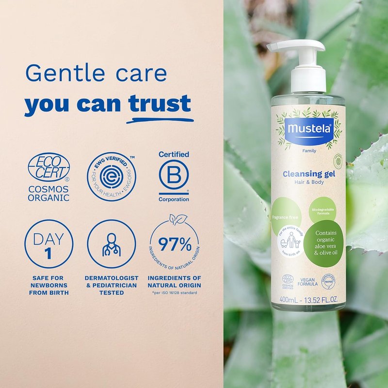 Mustela Organic Cleansing Gel | Natural Hair & Body Wash with Olive Oil & Aloe Vera - Fragrance-Free, Tear-Free, Vegan - 13.52 fl. oz.