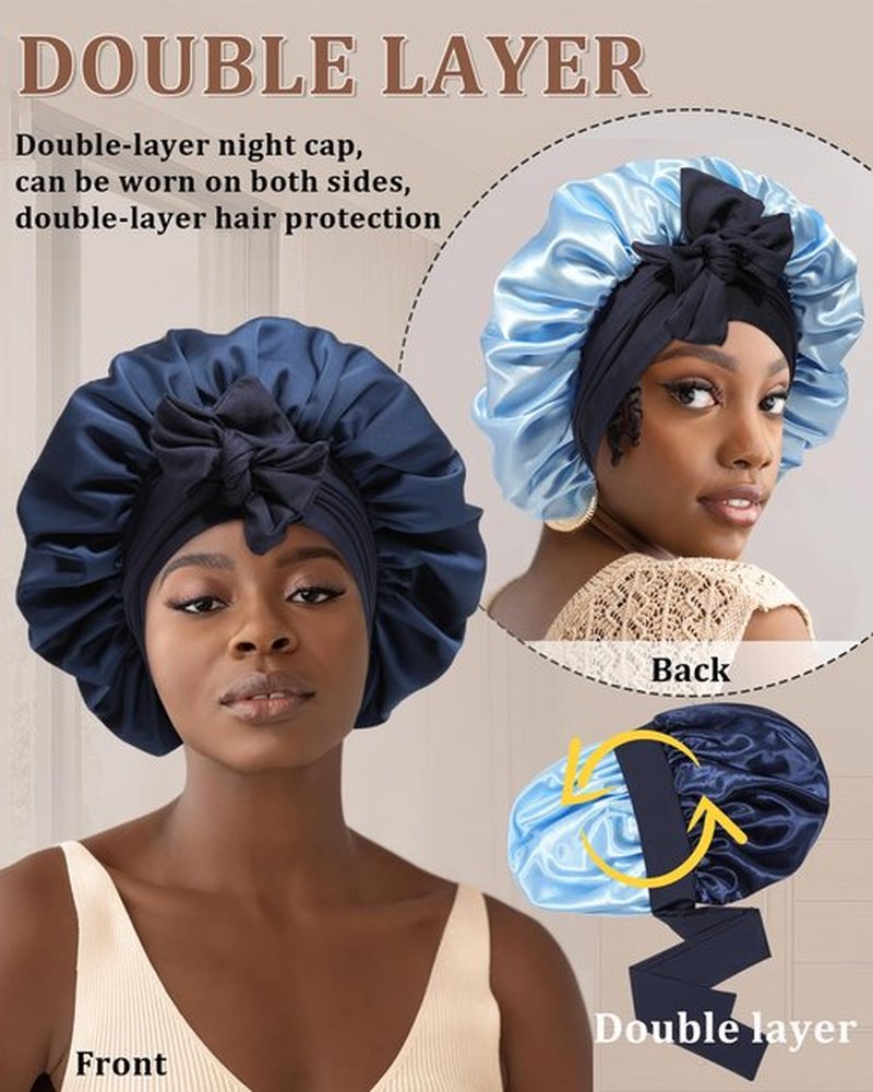 Reversible Satin Bonnet for Sleeping Women Silk Bonnet Double Layer Hair Bonnet with 2PCS Hair Scrunchies Elastic Tie Band Night Cap Hair Wrap for Natural Curly Hair (Navy Blue + Light Blue)