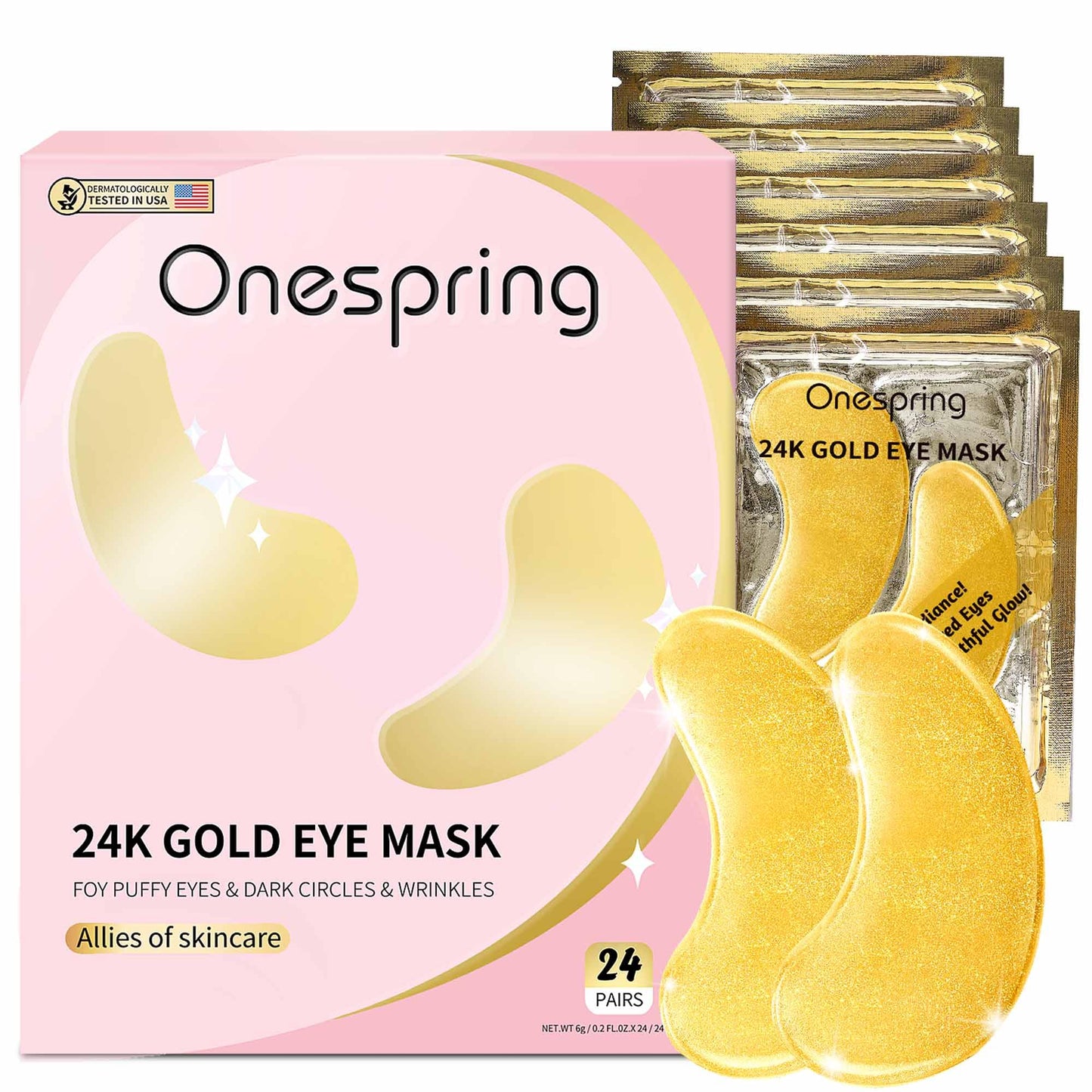 Onespring Under Eye Patches (24 Pairs) - Bridesmaid Gift, Gift for Her - 24K Gold Under Eye Masks for Dark Circles, Puffy Eyes, Wrinkles - Rejuvenating & Revitalizing Eye Skincare Treatment