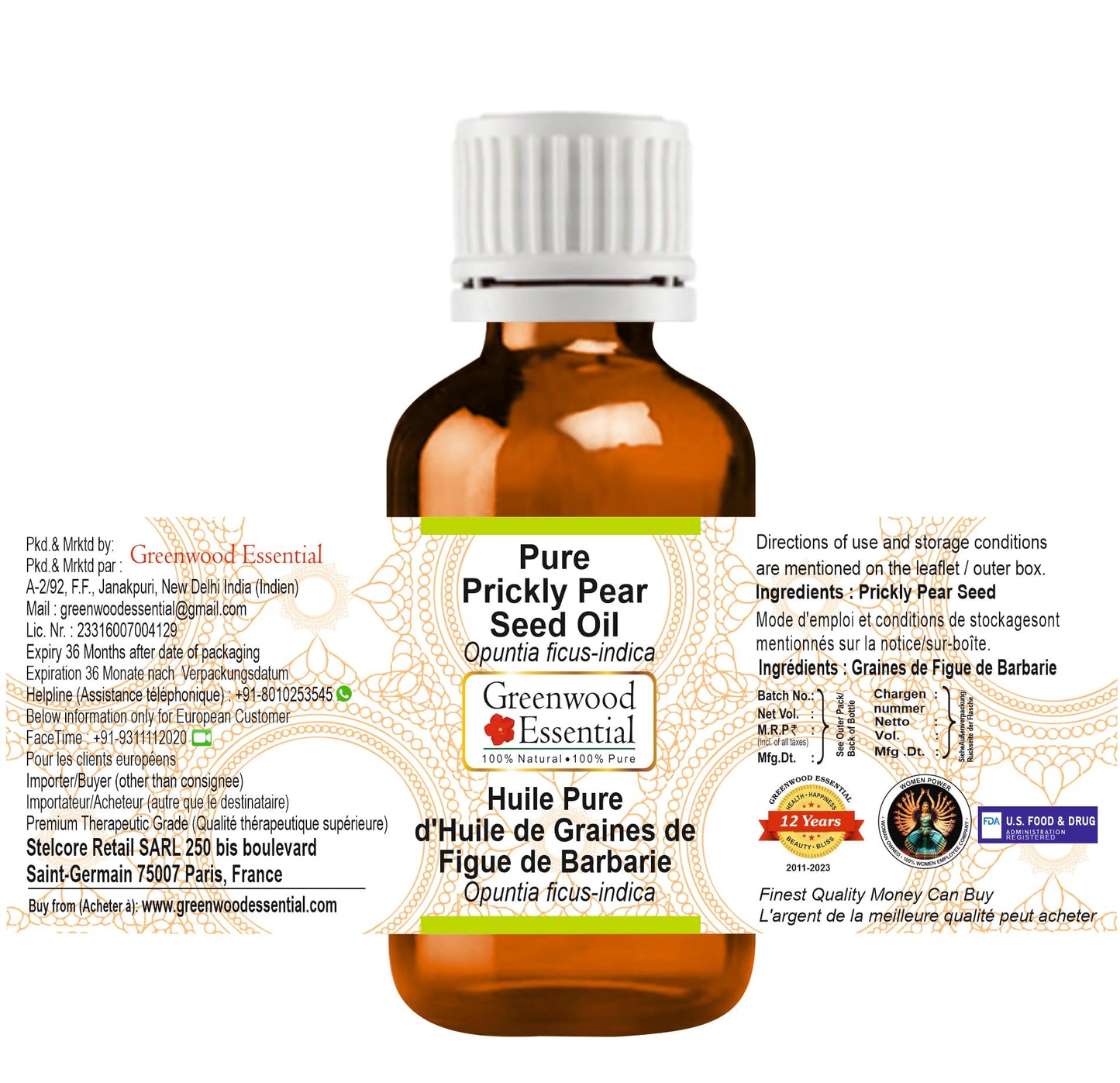 Greenwood Essential Prickly Pear Seed Oil (Opuntia ficus-Indica) | Infused | Pure | Non-Sticky | Lightweight | for Facial Care | Natural | Men & Women | 30ml (1 oz)