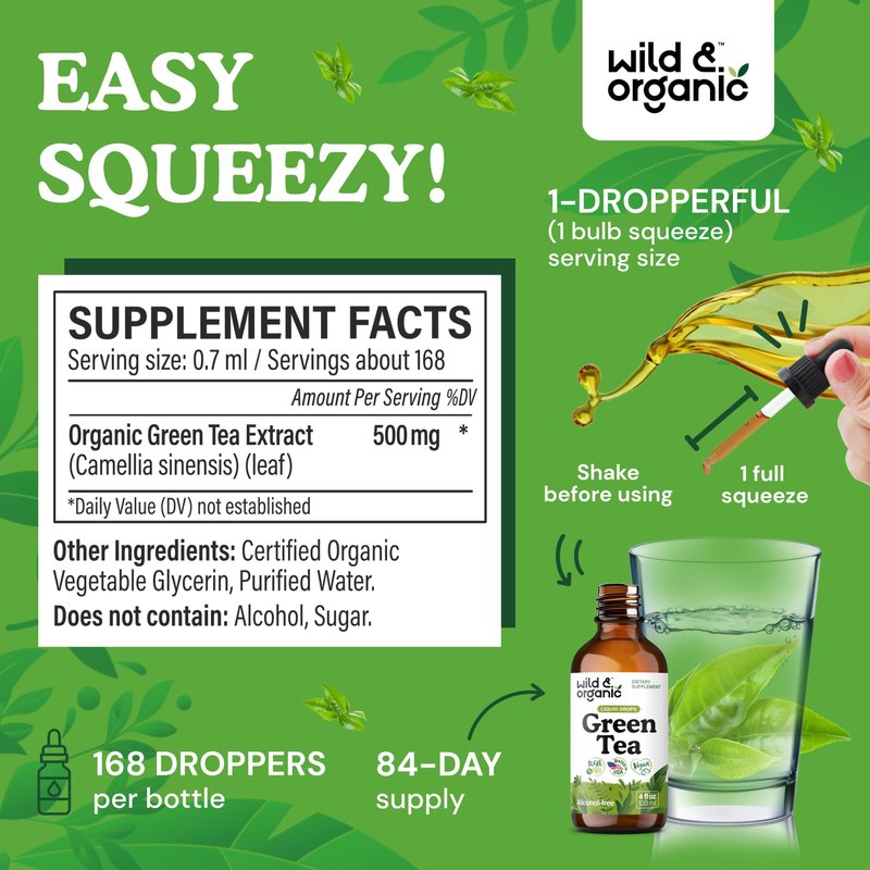 Wild & Organic Green Tea Extract Liquid Drops - Antioxidant Support - Pure Green Tea Supplement - 84-Day Supply - Vegan, Sugar & Alcohol-Free Camellia Sinensis Tincture - 4 fl oz