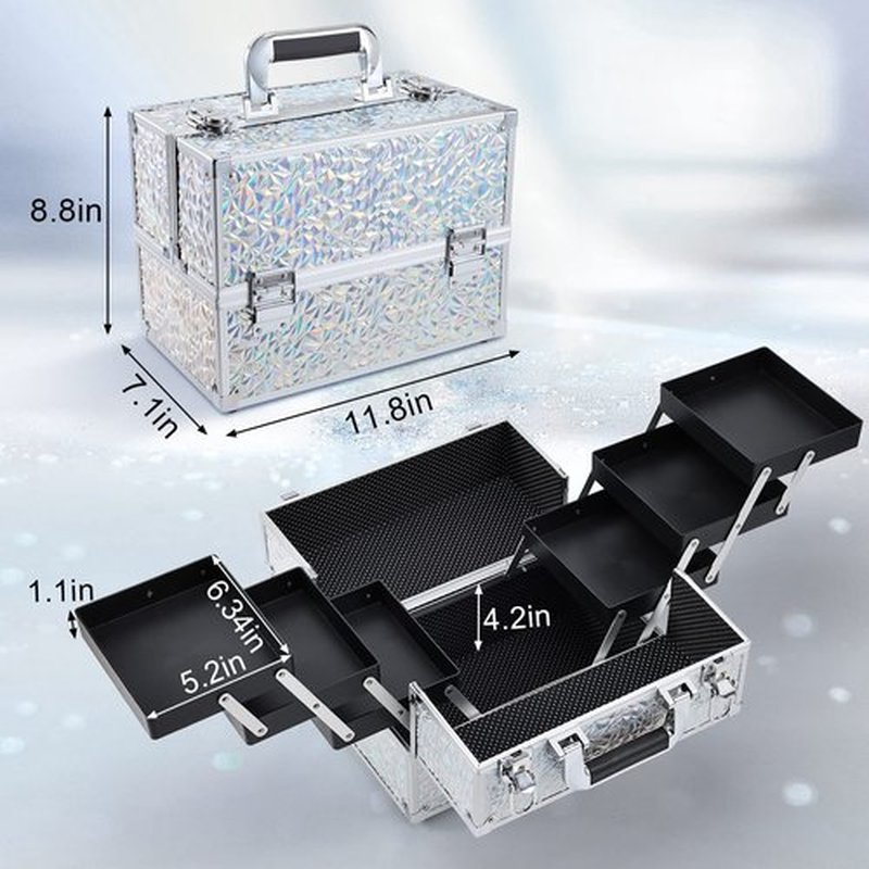 FRENESSA Makeup Case Cosmetic Organizer Case Extra Large 12 Inch 6 Trays Portable Makeup Organizer Case Make Up Carrying Box with Lockable for Esthetician Nail Students Craft Travel Glitter Silver