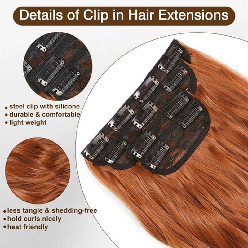 Clip In Hair Extensions Short Wavy Hair Extensions 4PCS Copper Red Clip Ins for Women Soft and Natural Synthetic Hairpieces 16inch