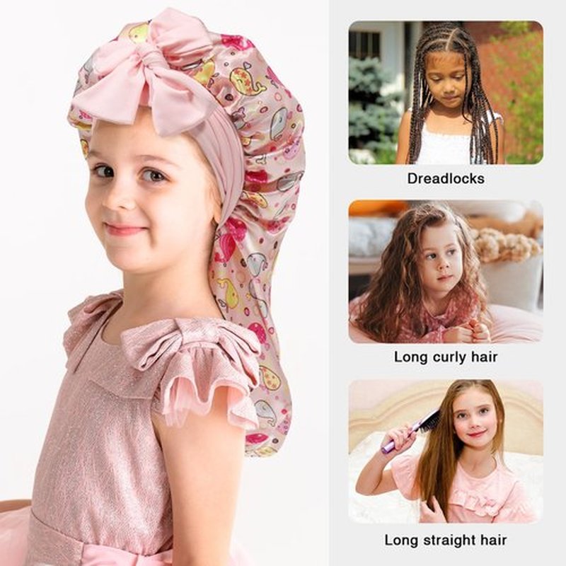 Kids Long Hair Bonnet for Sleeping - Double Layer Girls Elastic Satin Bonnet with Tie Band for Braid Curly Hair (Whales+Beige)