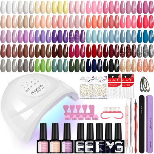PHOENIXY Gel Nail Polish Kit with U V Light 48W, 66 Pcs 135 Effect Gel Nail Polish Set Base Glitter Top Coat Gel Nail Kit Manicure Tools Gifts for Women