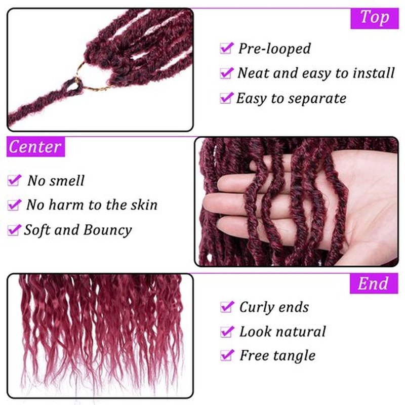 ZRQ Faux Locs Crochet Hair 7Packs 16 Inch Ombre Burgundy Wavy Goddess Locs Crochet Hair Pre-looped Soft Locs With Curly Ends Dreadlocks Synthetic Hair Extensions #TBUG