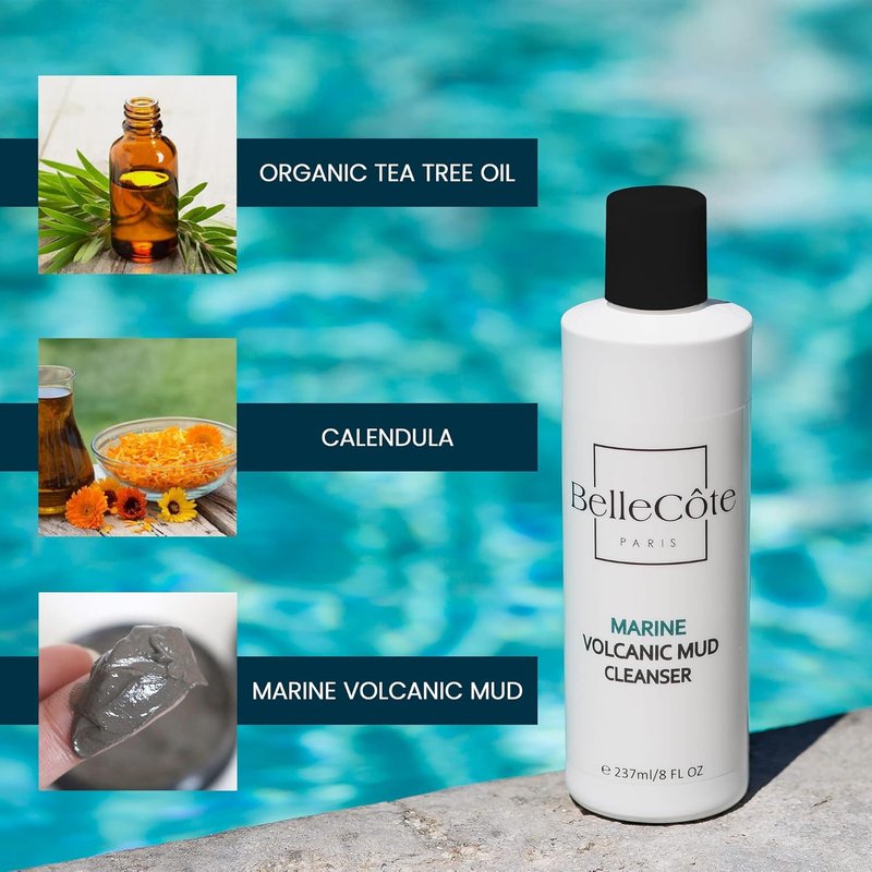 BelleCôte Paris Marine Volcanic Mud Face Cleanser - Detoxifying Clay for Oily & Combination Skin | Pore Reduction & Acne Treatment