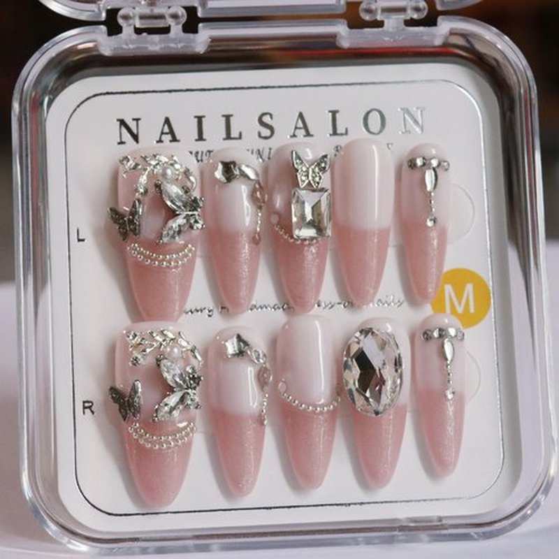 CAMILCY Handmade Nails Press on Almond nail long pointed pink crystal bow design Hand Painted Reusable Gel UV Finished Pre Shaped False Nails for Women 10pcs 3D Handmade Nails (A017 L)