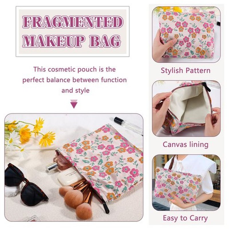 ZLFSRQ Daisy Flower Makeup Bag Travel Cute Floral Cosmetic Bags for Women Large Makeup Pouch Zipper Cosmetic Pouch for Purse Aesthetic Makeup Organizer Bag Portable Toiletry Bag (Orange and Pink)