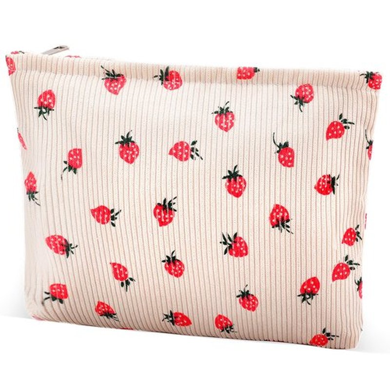 Makeup Bag for Women Large Corduroy Cosmetic Bag Travel Makeup Pouch for Purse Zipper Toiletry Bag Organizer Y2K Cute Aesthetic Trendy Makeup Brushes Storage Bag Travel Essential (Beige Strawberry)