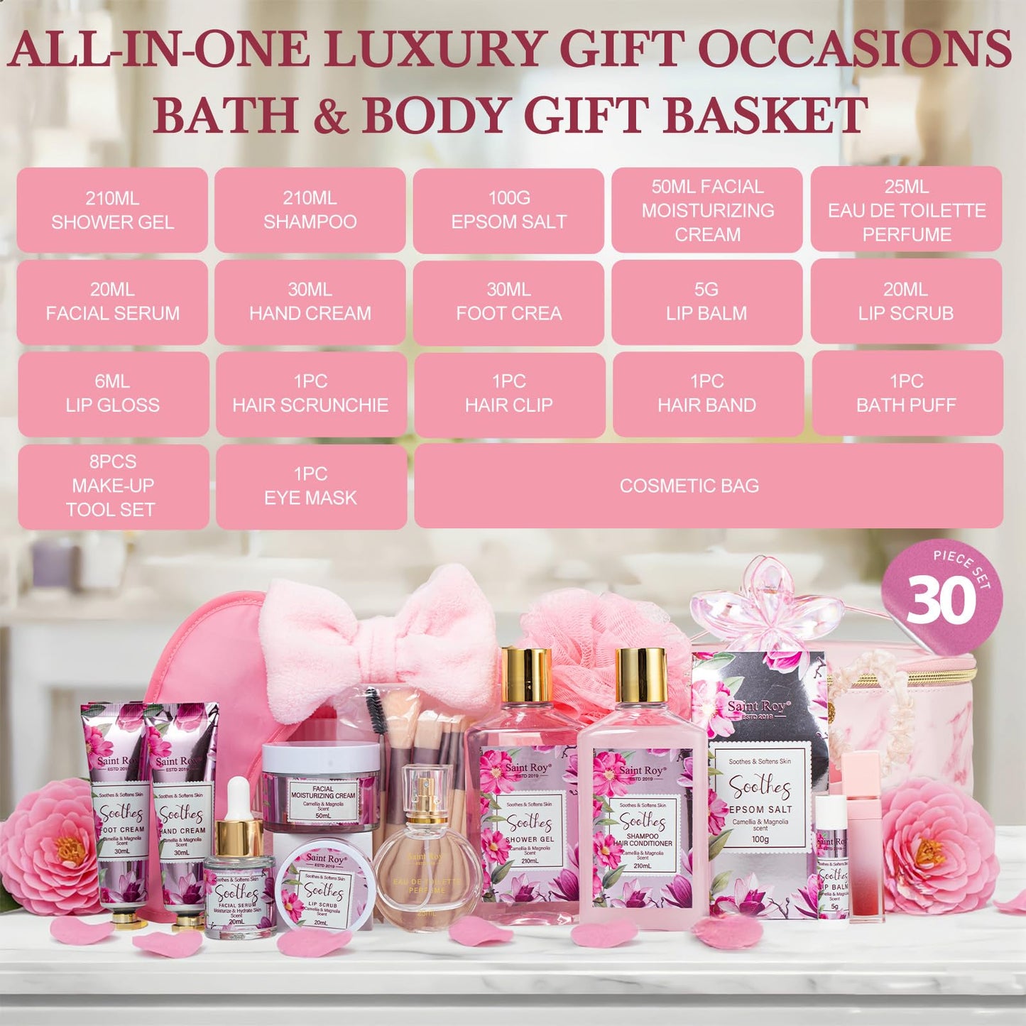 Camellia & Magnolia Facial Skin Care Set, 27 Pcs Bath & Body Spa Basket for Women, Beauty Care Kit, Makeup Bag, Face Serum, Perfume, Christmas, Mother Day, Valentine's, Birthday, Bridal Shower