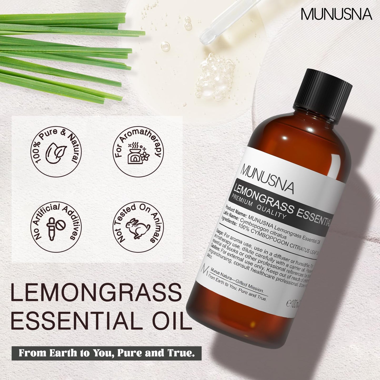 MUNUSNA Lemongrass Essential Oil, 100% Natural & Pure Lemongrass Oil 100ML, Premium Grade Essential Oils Aromatherapy Scented Oils for Diffusers, Home Care, Skin, Laundry, Spray, Candle Soap Making