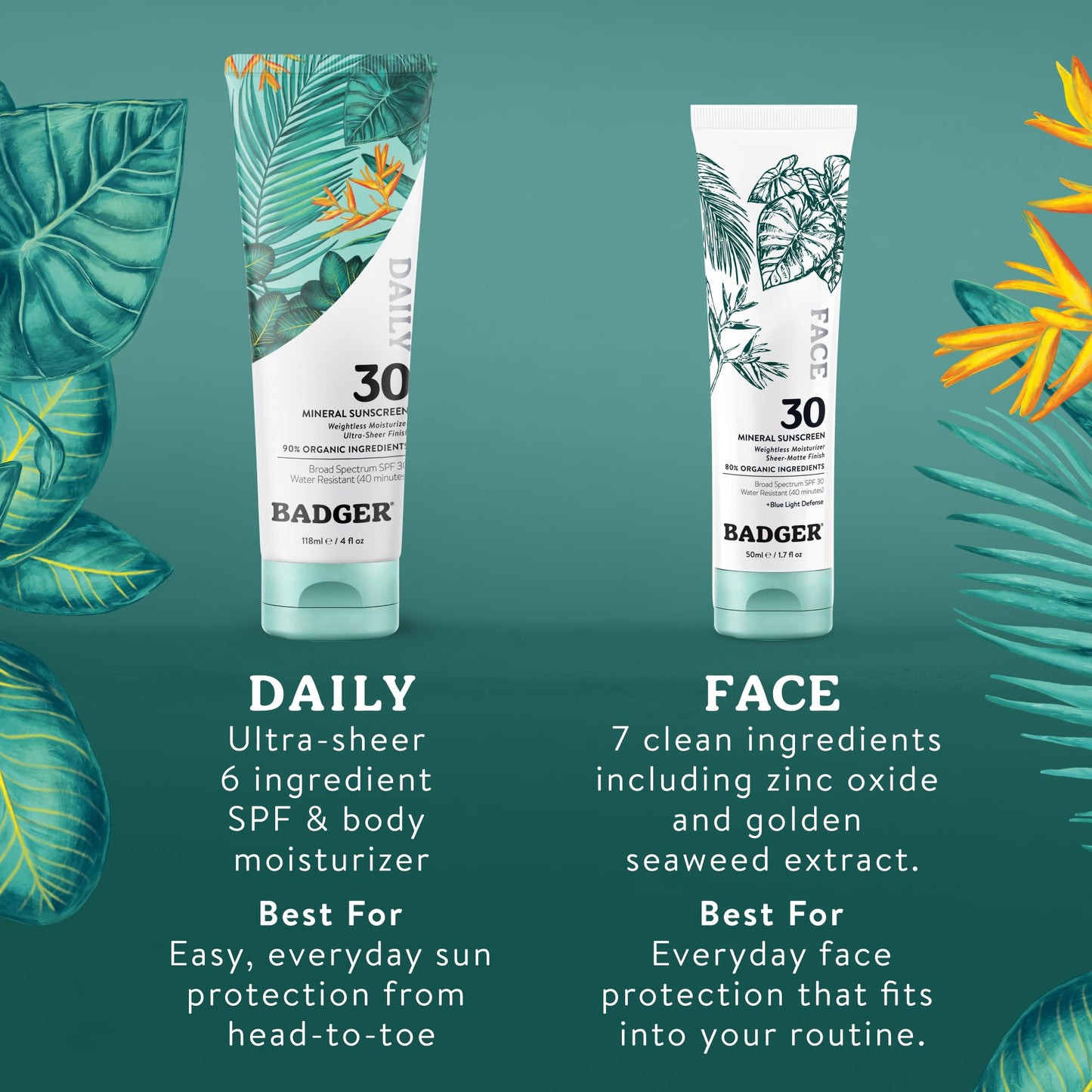 Badger Mineral Daily and Face Sunscreen Combo, SPF 30 Lightweight Organic Mineral Sunscreens with Zinc Oxide, Hydrating Everyday Sunscreen Lotions for Face & Body, Vegan & Unscented, 2-Pack