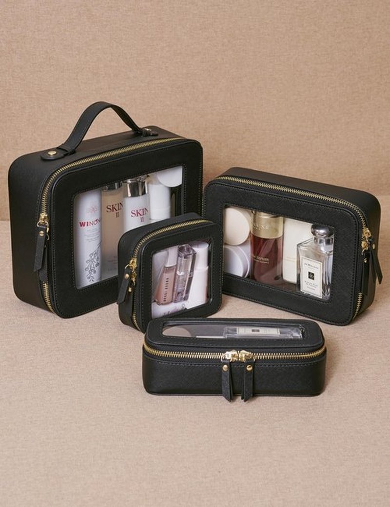 Mini Clear Black Makeup Bag - Cute Square Cosmetic Pouch for Travel with Zipper - For Women & Girls