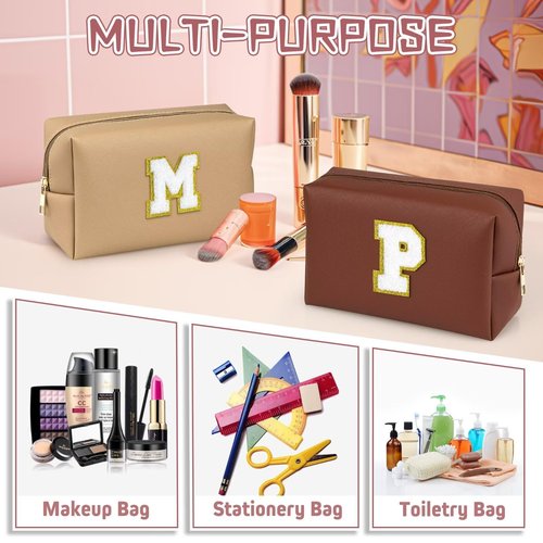 TOPEAST Preppy Makeup Bag, Personalized Initial Bags with Zipper, Cute Makeup Pouch, PU Leather Waterproof Cosmetic Bag, Birthday Gift For Daughter, Preppy Things For Girls (Brown A)