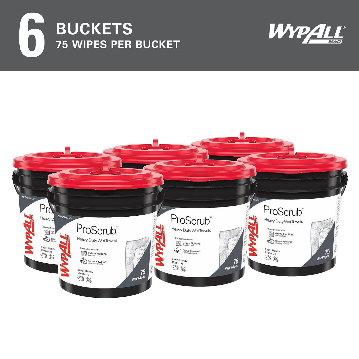 WypAll PowerClean ProScrub Heavy Duty Wet Towels (91371), Dual Action Cleaning, Large 9.5" x 12" Wipes, Bucket Included (6 Containers of 75 Sheets, 450 Sheet Total)