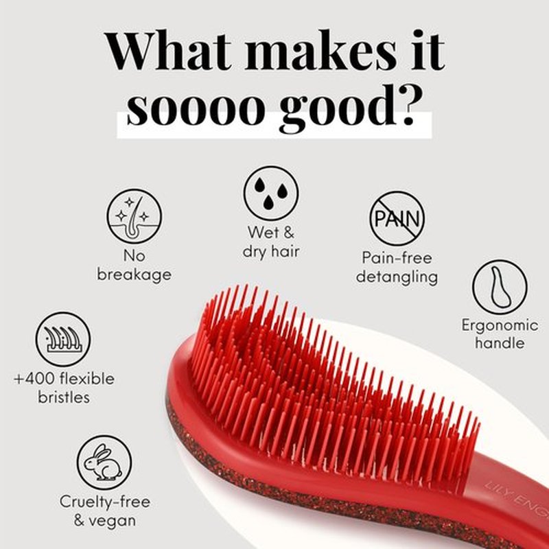 Lily England Detangler Brush for Curly Hair, Thick, Straight & Natural Hair - Gentle Detangling Hair Brush for Women, Kids & Toddlers with Flexible Bristles - Hairbrush for Wet & Dry Hair, Red-Glitter