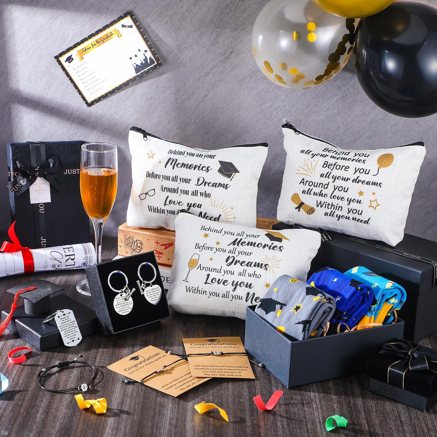 Jiuguva 24 Pcs Graduation Gifts Set Include 6 Grad Socks 6 Makeup Bags 6 Keychains 6 Compass Wristbands Congrats Grad Class of 2026 Graduation Gift for Her Him