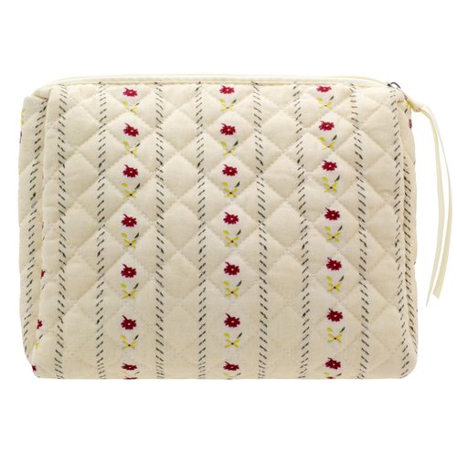 PAZIMIIK Cotton Makeup Bag for Women Large Quilted Travel Cosmetic Pouch Girls' Make Up Organizer,Little Flower Beige