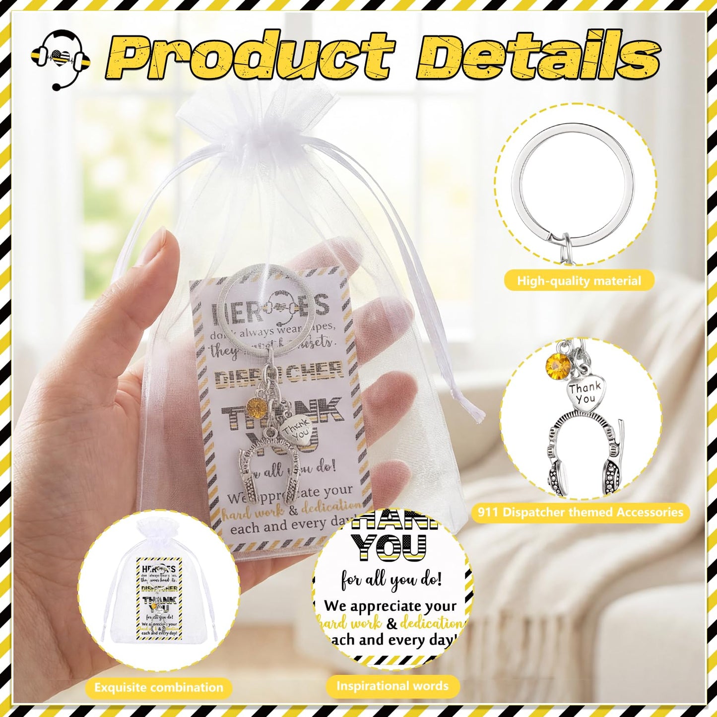 Quelay 12 Sets 911 Dispatcher Keychains Accessories Gifts Headset Keychain with Thank You Card 911 Telecommunicator Week Appreciation Gifts for Npstw Emergency Responder Retirement Office Team Staff