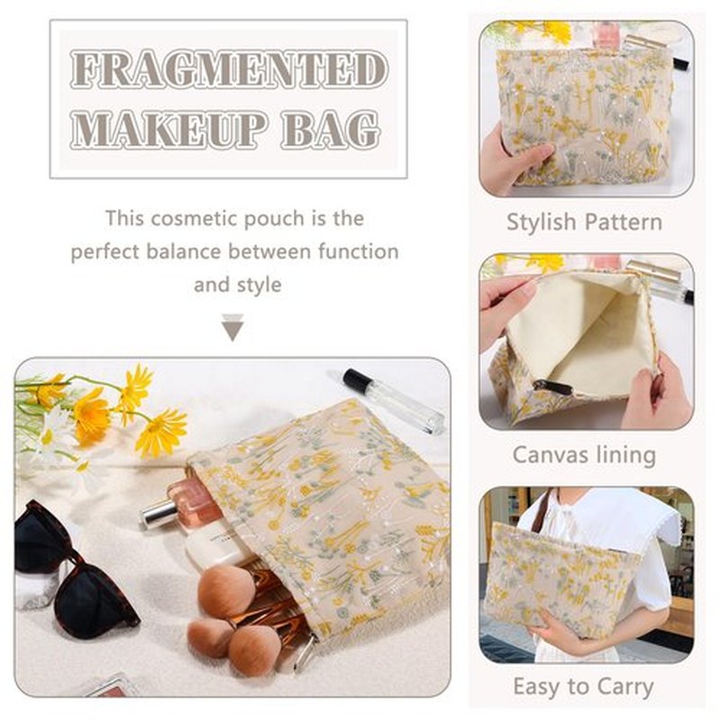 ZLFSRQ Silk Flower Makeup Bag Travel Cute Cosmetic Bags for Women Large Makeup Pouch Zipper Cosmetic Pouch for Purse Aesthetic Makeup Organizer Bag Portable Toiletry Bag
