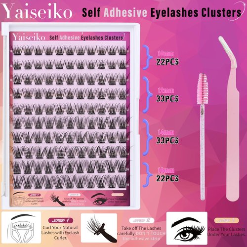 Self Adhesive Eyelashes Clusters Kit Lash Clusters DIY Eyelashes Pre Glued Lashes Extensions No Glue Needed lash Clusters D Curl Individual Lashes(A02,10-16mm,110Pcs)