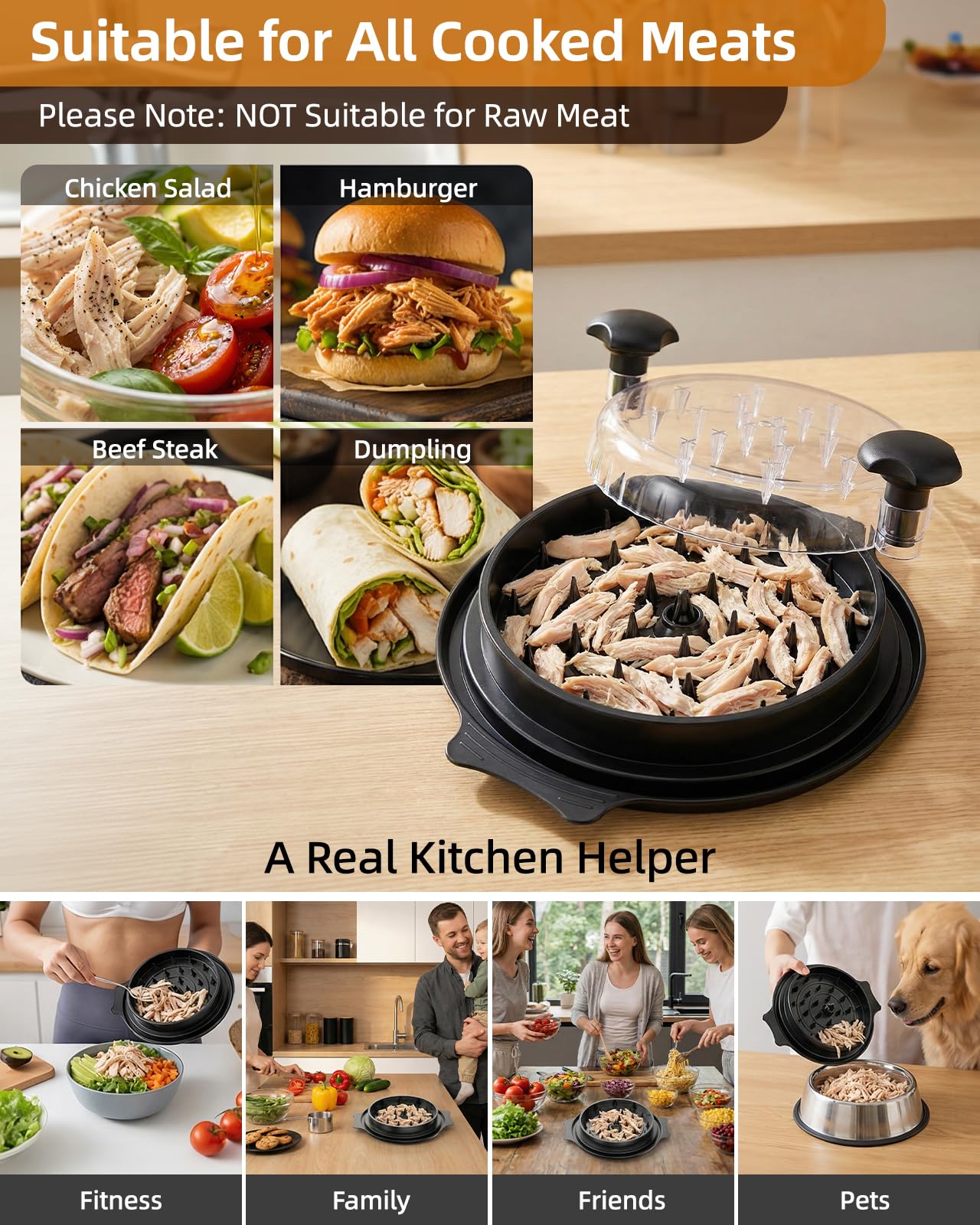 10" Chicken Shredder with Tray, Large Meat Shredder Tool Twist with Brush,BPA Free Meat Grinder, Visible Chicken Shredder Machine, Strong Anti-Slip Strip, Suitable for Pork, Beef, Chicken (Black)