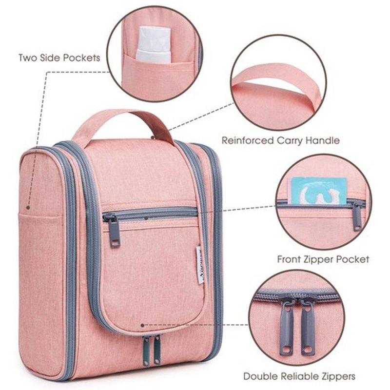 Narwey Small Hanging Toiletry Bag Women Travel Makeup Bag Organizer Toiletries Bag for Travel Size Essentials Accessories Cosmetics (Medium, Pink)