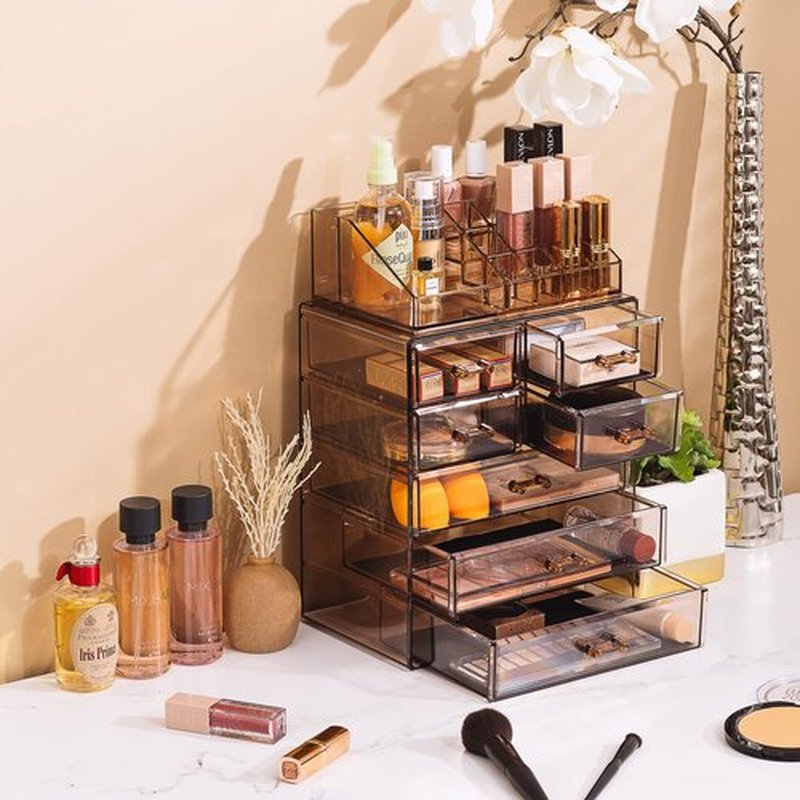 Sorbus Clear Cosmetic Makeup Organizer - Make Up & Jewelry Storage Case Display for Dresser, Bathroom, Vanity (3 Large, 4 Small Drawers, Bronze Glow)