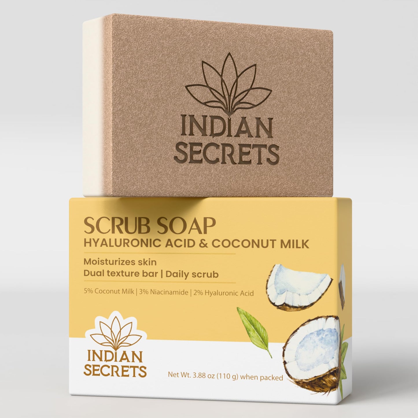 INDIAN SECRETS Scrub Soap with Hyaluronic Acid & Coconut Milk – Moisturizing Body Soap for Soft Skin – Enriched with Niacinamide, Hyaluronic Acid, Coconut Milk 110 g (Pack of 1)