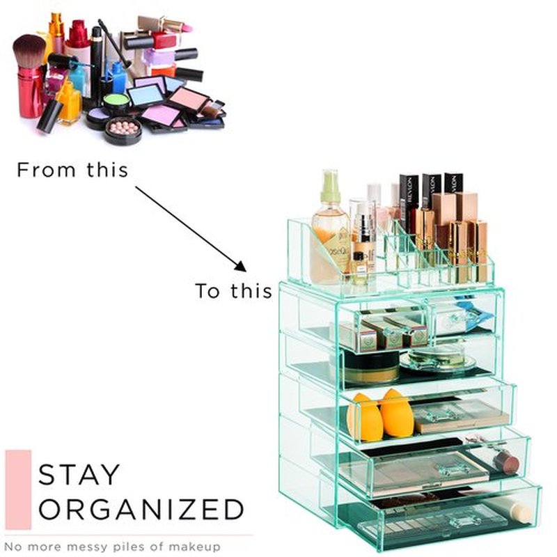 Sorbus Clear Cosmetic Makeup Organizer - Make Up & Jewelry Storage, Case & Display - Spacious Design - Great Holder for Dresser, Bathroom, Vanity & Countertop (4 Large, 2 Small Drawers) [Teal Thrill]