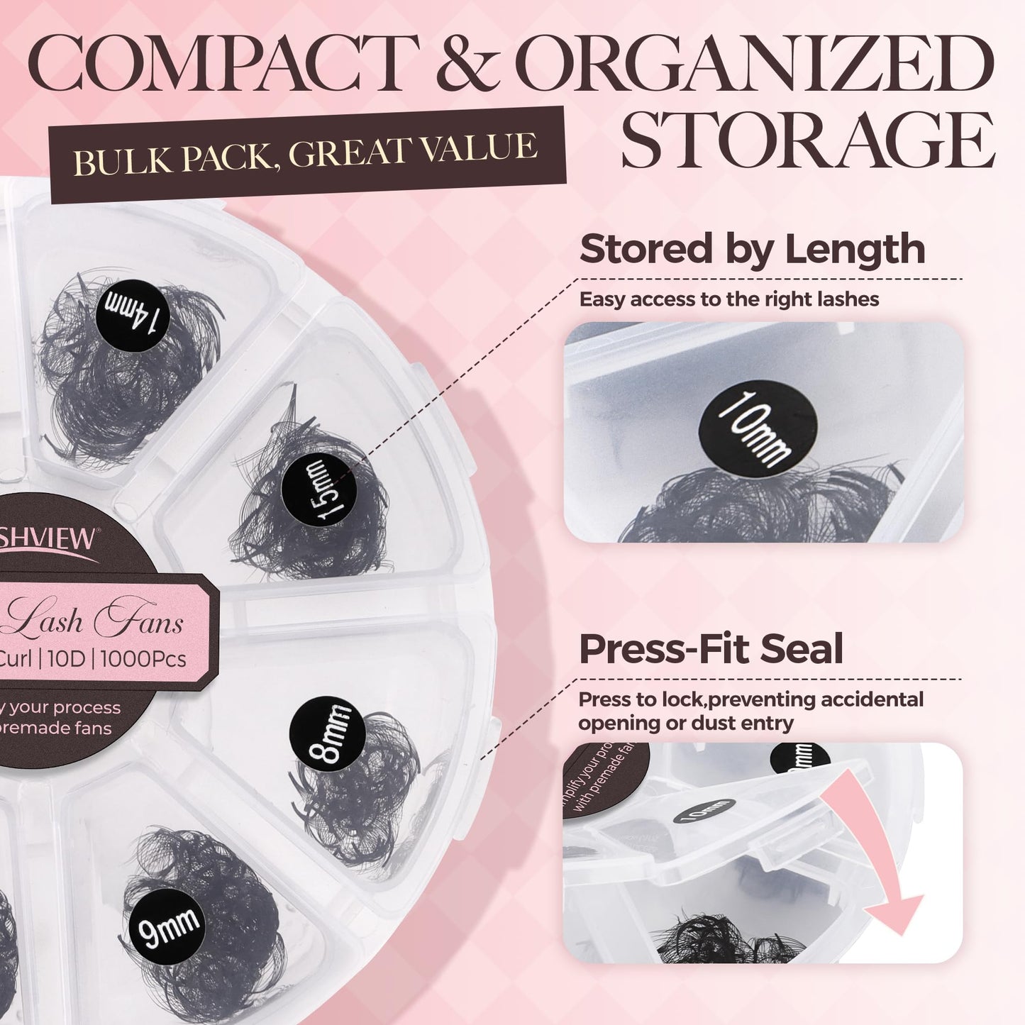 LASHVIEW 600 Fans 10D Premade Volume Eyelash Extensions Mixed Tray Premade Fans Eyelash Extensions D Curl Premade Lash Fans Pointed Handmade Promade Loose Fans Thin Base (10D-0.07D,8-15mm)