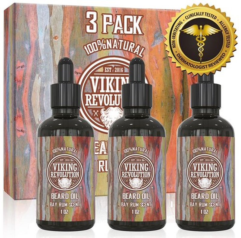 Viking Revolution Bay Rum Beard Oil for Men - Natural Argan and Jojoba Oil Blend for Softening, Strengthening, and Moisturizing Beards (3 Pack)