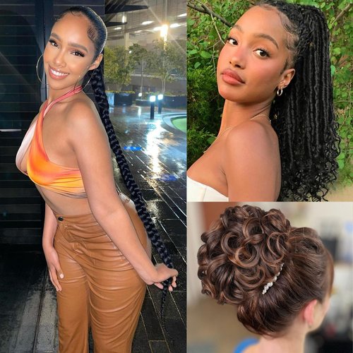 WIGER Natural Black 1B Coily Twisted Locs Ponytail + Drawstring DIY Pre Braided Ponytail + Ombre Brown Messy Updo Hair Bun 3 in 1 Hairpieces Kit for Women