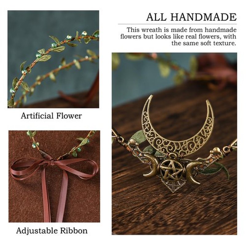 MOSTORY Handmade Moon Elf Crown - Elven Circlet Woodland Forest Headpiece Fairy Goddess Tiara Medieval Queen Accessory for Women Girls Halloween Cosplay Renaissance Accessory Green