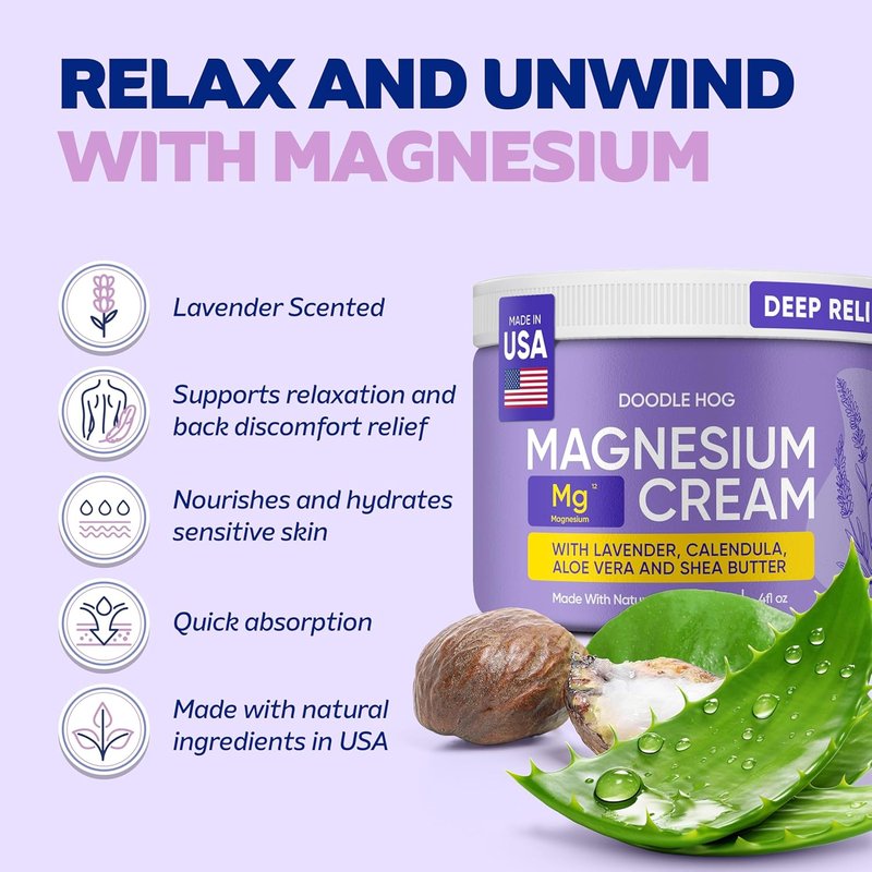 Magnesium Cream for Pain Relief - Deep Muscle & Joint Soothing Lotion with Aloe Vera, Calendula & Shea Butter | 4 oz Lavender