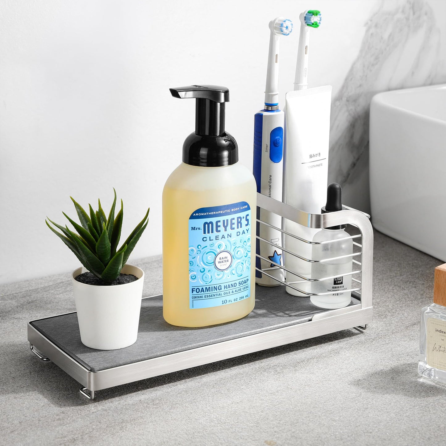 AIDILI Wipe-Free Sink Organizer with Drying Stone, Instant Dry Sink Caddy Organizers, Kitchen Sponge Soap Holder Dispenser, Countertop Fast Drying Counter Tray Rack