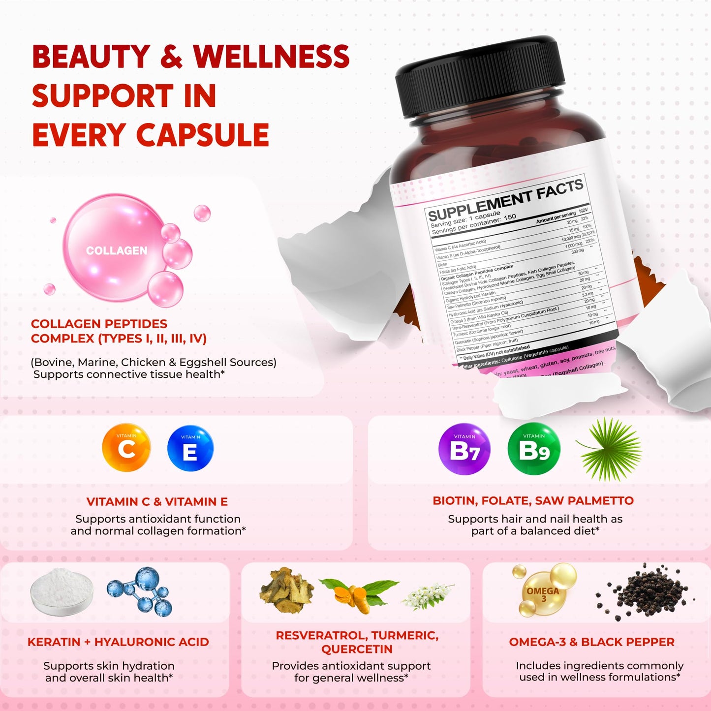 PeakPury Collagen Biotin Supplement, 10000 mcg Biotin with Collagen Peptides, Hyaluronic Acid, Keratin, Resveratrol & Saw Palmetto, Skin Hair Nails & Joint Support*, 150 Capsules, Non-GMO