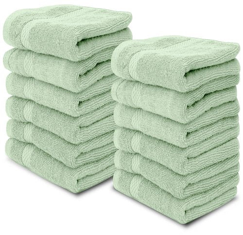 White Classic Luxury Washcloths for Bathroom-Hotel-Spa-Kitchen-Set - Circlet Egyptian Cotton - Highly Absorbent Hotel Quality Face Towels - Bulk Set of 12-13x13 Inch (Lt Green)